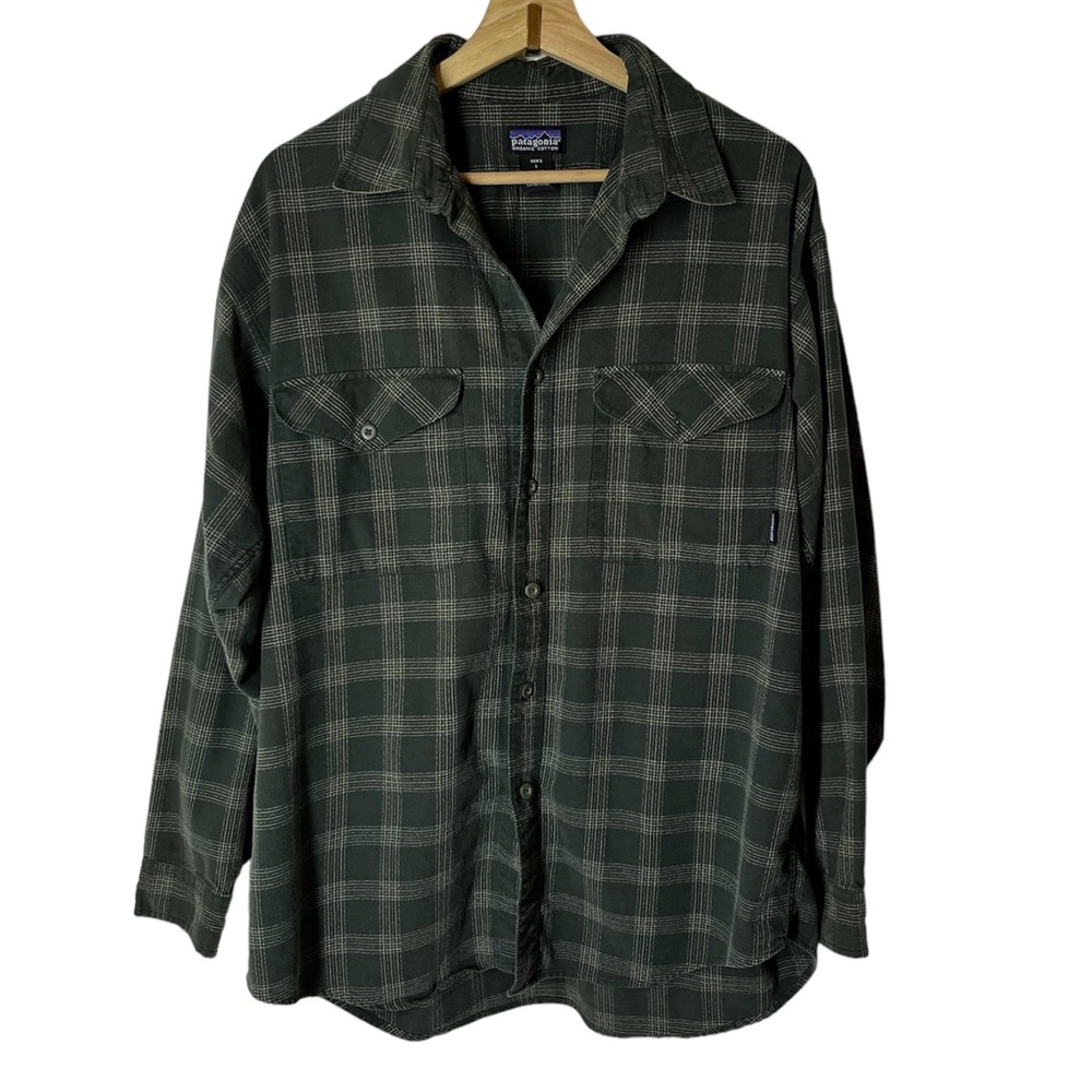 Patagonia Organic Cotton Blend Mens Shirt Green Plaid Long Sleeve size L